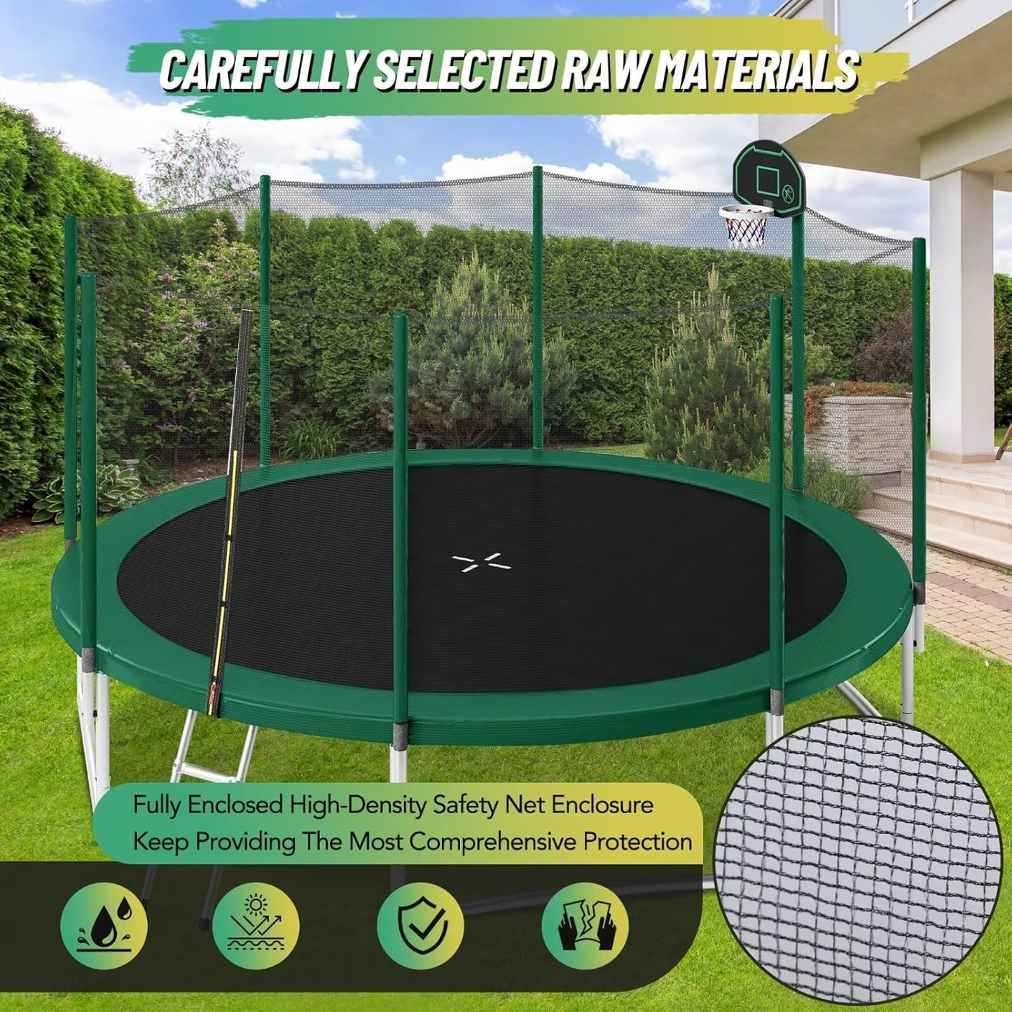 Trampoline 14FT 16FT Trampoline for Kids and Adults with Basketball Hoop, Enclosure Net & Ladder 1500LBS ASTM Approved Outdoor Recreational Trampolines