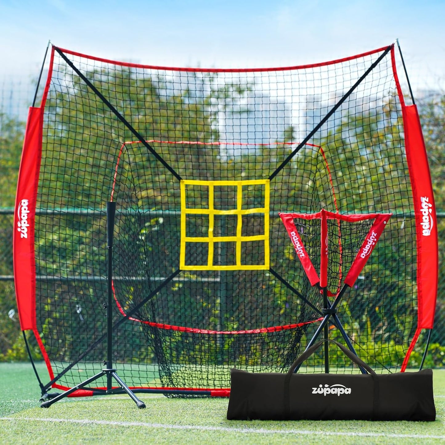 7X7 Feet Baseball Softball Hitting Pitching Net Tee Caddy Set with Strike Zone, Baseball Backstop Practice Net for Pitching Batting Catching for All Skill Levels