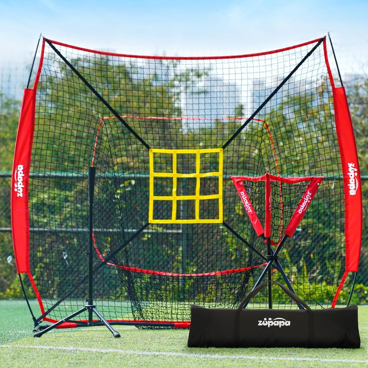 7X7 Feet Baseball Softball Hitting Pitching Net Tee Caddy Set with Strike Zone, Baseball Backstop Practice Net for Pitching Batting Catching for All Skill Levels