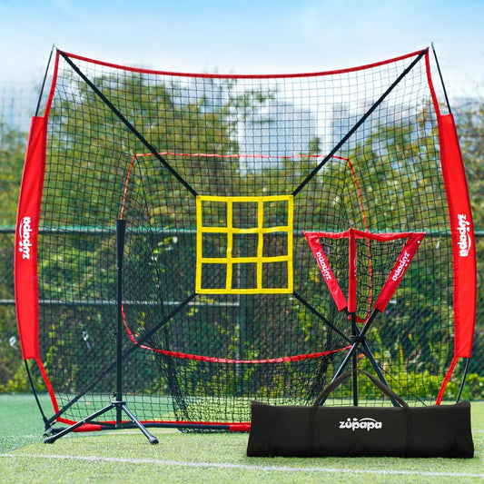 7X7 Feet Baseball Softball Hitting Pitching Net Tee Caddy Set with Strike Zone, Baseball Backstop Practice Net for Pitching Batting Catching for All Skill Levels