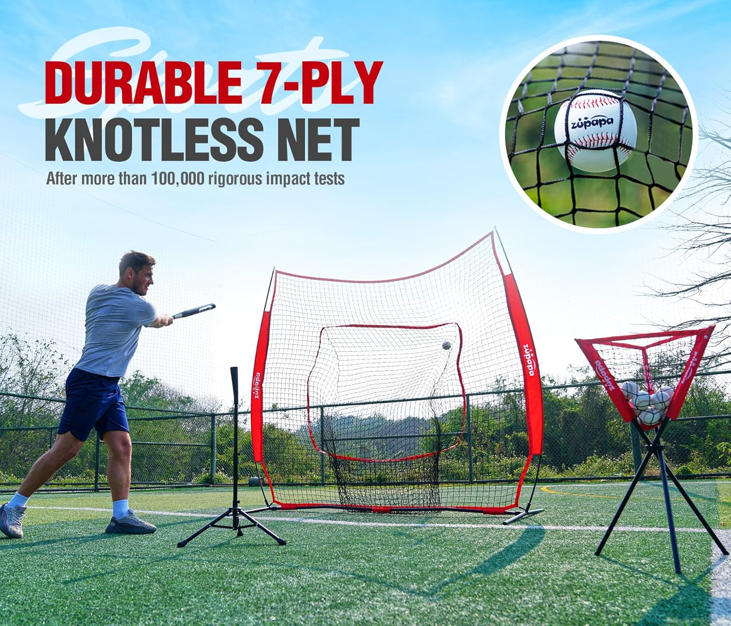 7X7 Feet Baseball Softball Hitting Pitching Net Tee Caddy Set with Strike Zone, Baseball Backstop Practice Net for Pitching Batting Catching for All Skill Levels