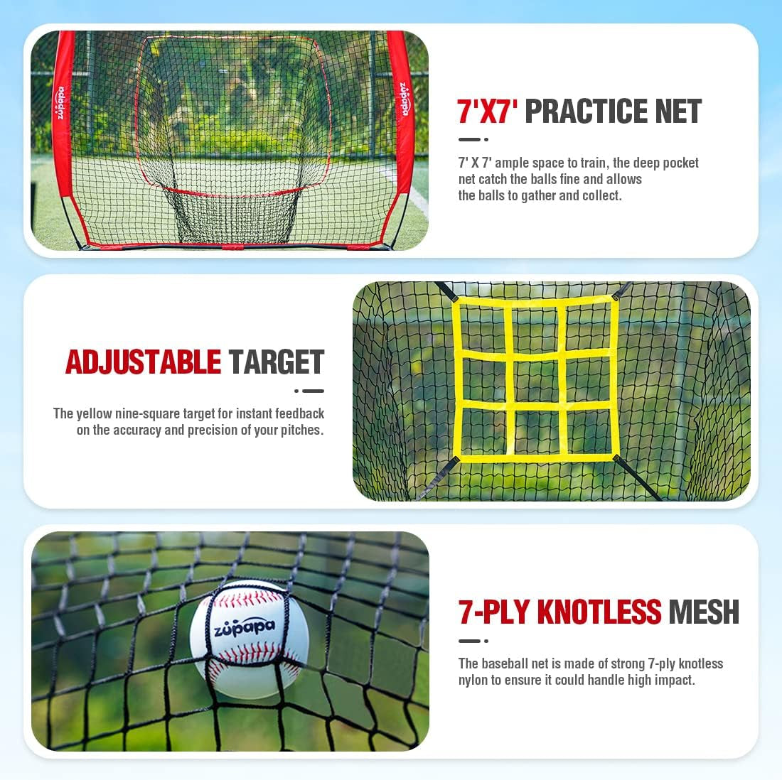 7X7 Feet Baseball Softball Hitting Pitching Net Tee Caddy Set with Strike Zone, Baseball Backstop Practice Net for Pitching Batting Catching for All Skill Levels
