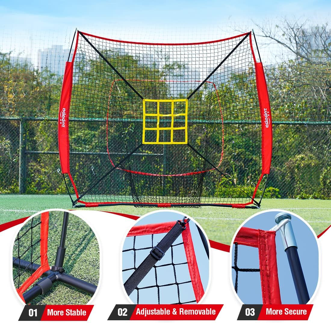 7X7 Feet Baseball Softball Hitting Pitching Net Tee Caddy Set with Strike Zone, Baseball Backstop Practice Net for Pitching Batting Catching for All Skill Levels