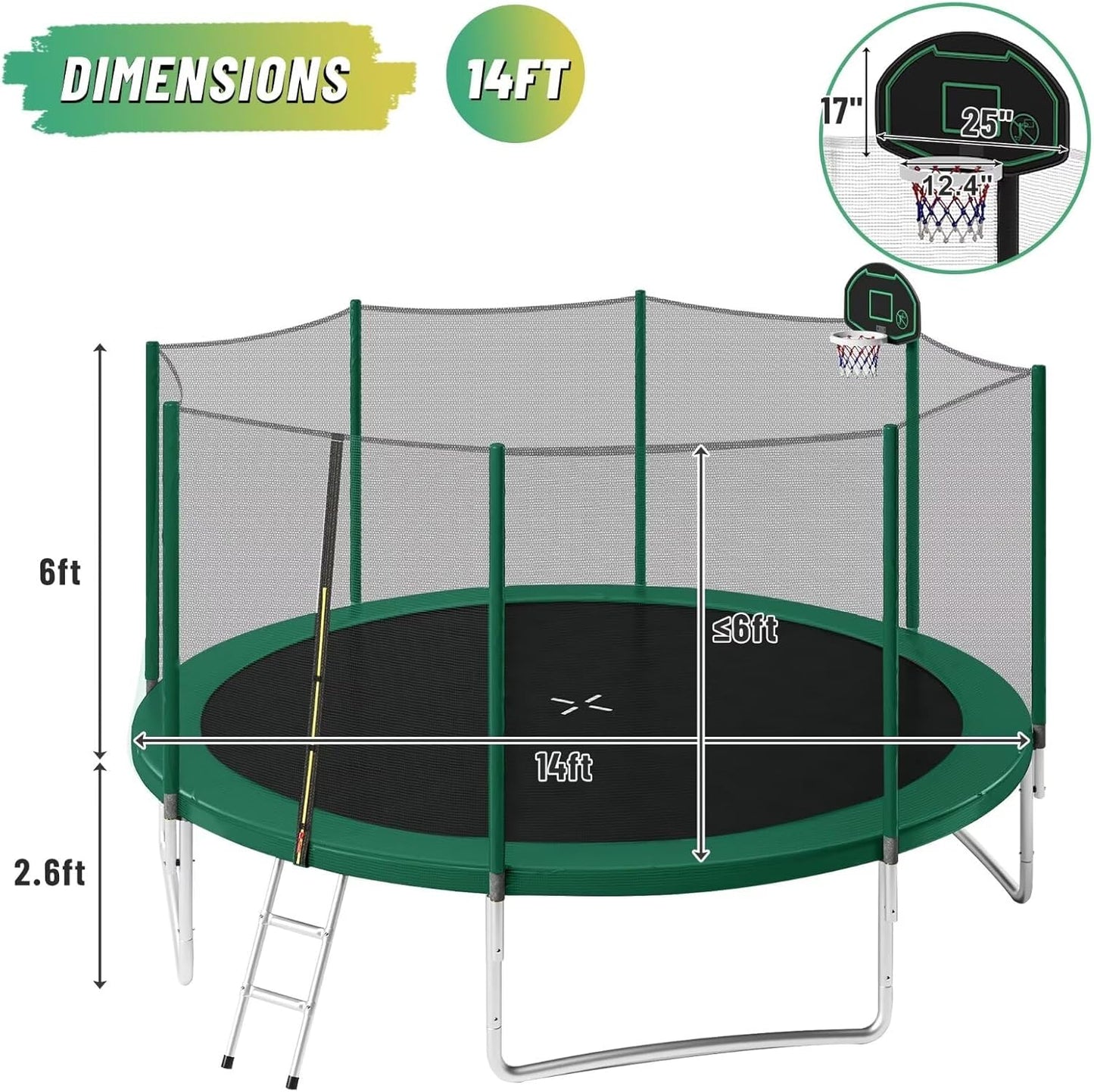 Trampoline 14FT 16FT Trampoline for Kids and Adults with Basketball Hoop, Enclosure Net & Ladder 1500LBS ASTM Approved Outdoor Recreational Trampolines