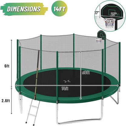 Trampoline 14FT 16FT Trampoline for Kids and Adults with Basketball Hoop, Enclosure Net & Ladder 1500LBS ASTM Approved Outdoor Recreational Trampolines