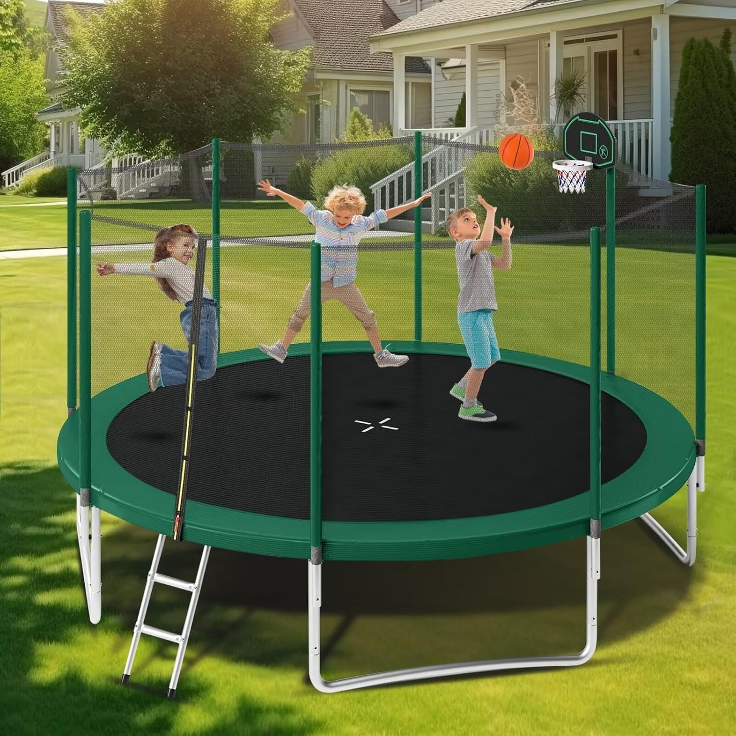 Trampoline 14FT 16FT Trampoline for Kids and Adults with Basketball Hoop, Enclosure Net & Ladder 1500LBS ASTM Approved Outdoor Recreational Trampolines