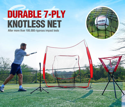 7X7 Feet Baseball Softball Hitting Pitching Net Tee Caddy Set with Strike Zone, Baseball Backstop Practice Net for Pitching Batting Catching for All Skill Levels
