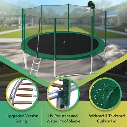 Trampoline 14FT 16FT Trampoline for Kids and Adults with Basketball Hoop, Enclosure Net & Ladder 1500LBS ASTM Approved Outdoor Recreational Trampolines