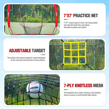 7X7 Feet Baseball Softball Hitting Pitching Net Tee Caddy Set with Strike Zone, Baseball Backstop Practice Net for Pitching Batting Catching for All Skill Levels